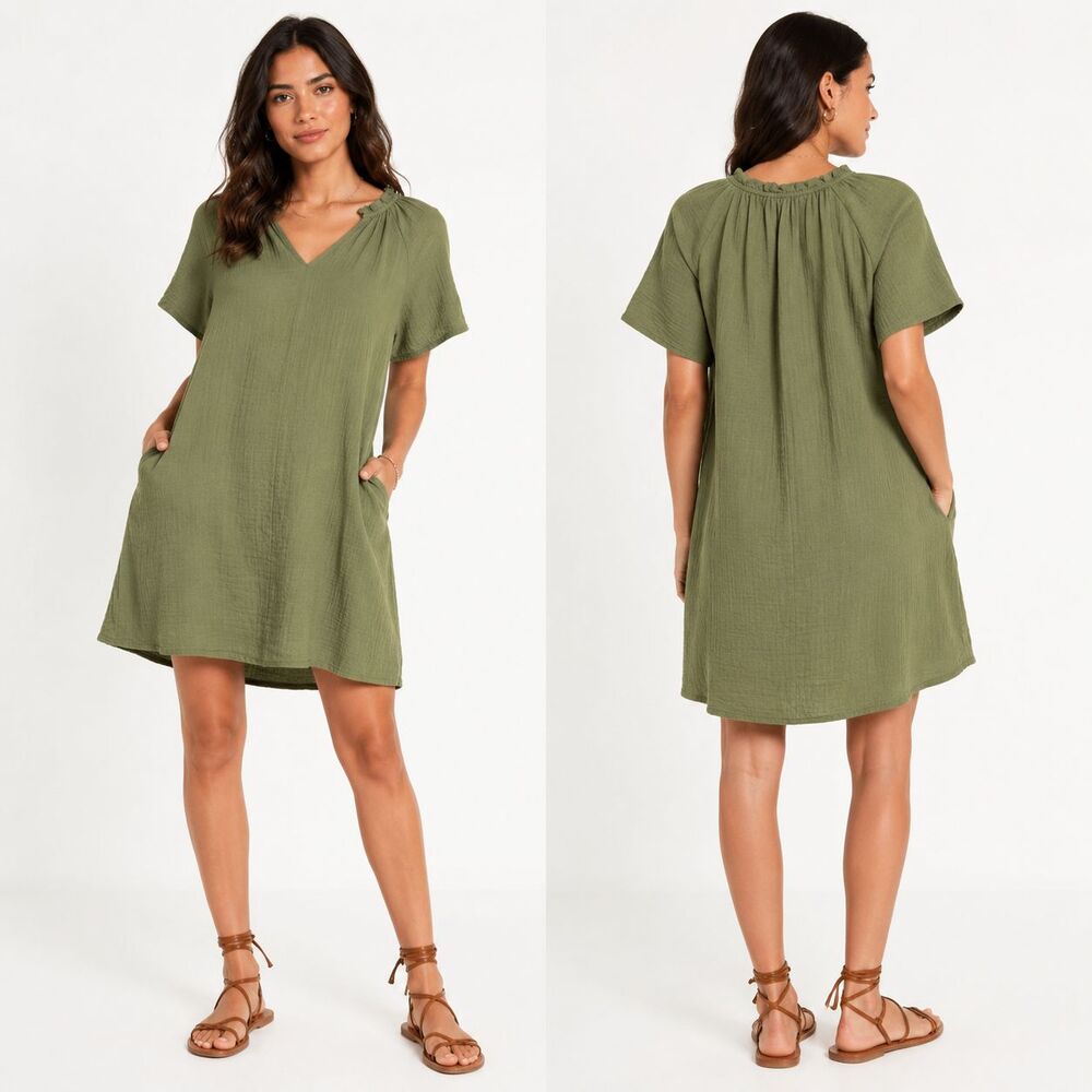 Old Navy Crinkle Gauze Mini Swing Dress Cotton Boxy Oversized Minimalist GreenXL